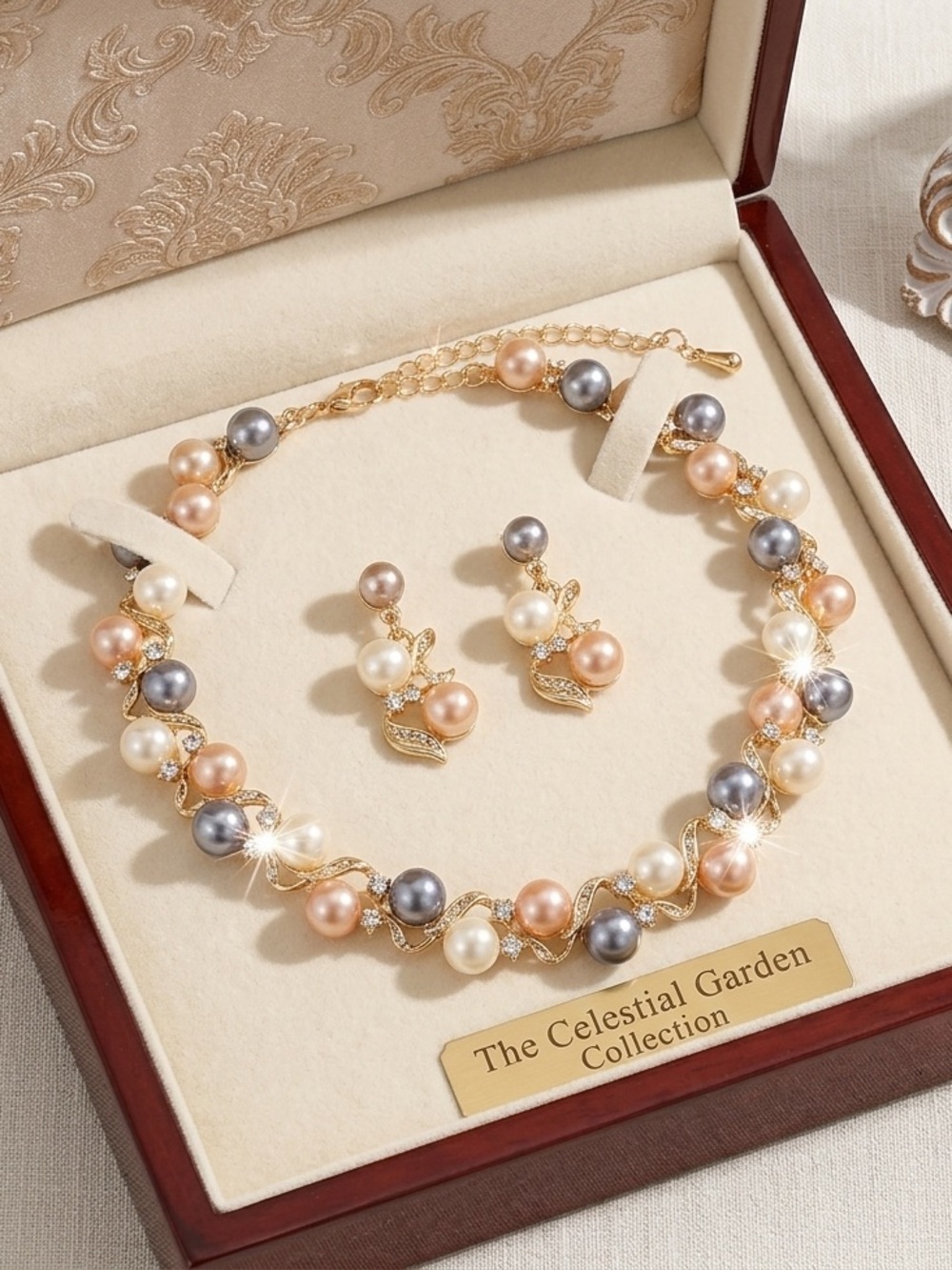 The Celestial Garden Multicolor Pearl Necklace and Earring Set - Gold Accents
